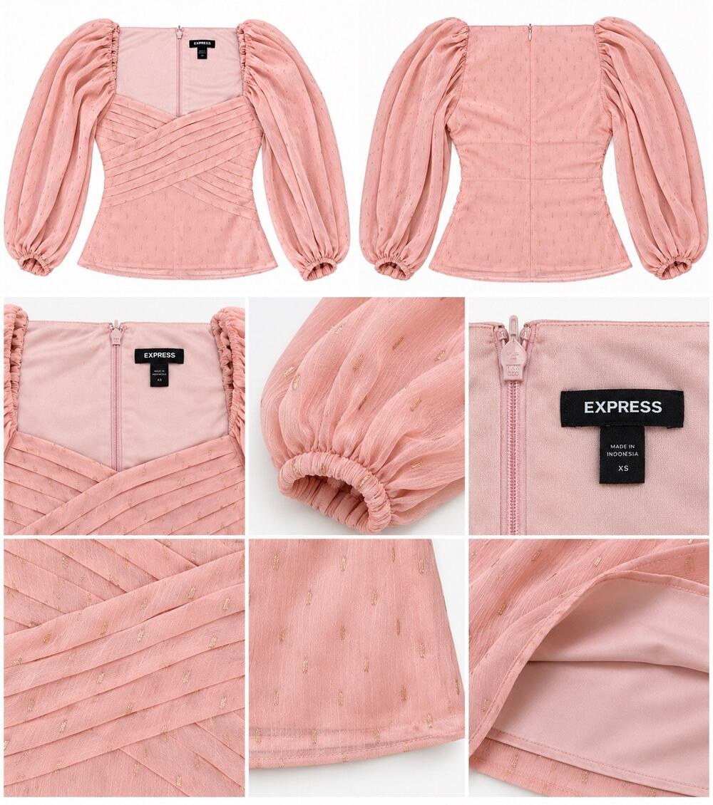 Express Women’s XS Blush Pink Gold Metallic Puff Sleeve Pleated Blouse